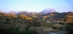 View of the climbing areas of Sella from the village of Sella (the graveyard is on the hill on the right)