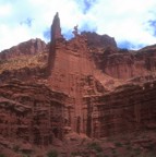 View of Ancient Art; the Stolen Chimney (Corkscrew Summit) route ascends the funky-shaped corkscrew in the center of the photo