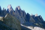 Cathedral Spires at dusk; the Petit Grepon is the thin needle-like summit above the large triangular face