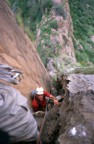 Chris arrives at the top of the chimney. This feature was unprotected for more than 100', and about 5.7 in difficulty.